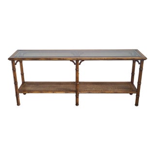 1960s Boho Chic Faux Bamboo Cane Wood Console Table For Sale