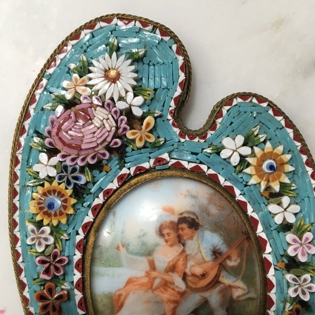Folk Art Antique Micro Mosaic Frame With Painted Lover's Scene For Sale - Image 3 of 12