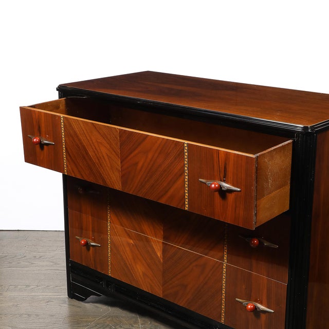 Art Deco Book-Matched Walnut & Black Lacquer Detailed Chest W/ Bakelite Pulls For Sale - Image 10 of 18