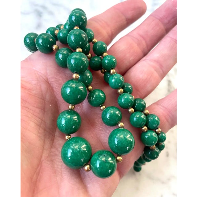 Mid 20th Century Green Nephrite Jade and Goldtone Spacer Beaded Necklace - 23" For Sale - Image 4 of 5