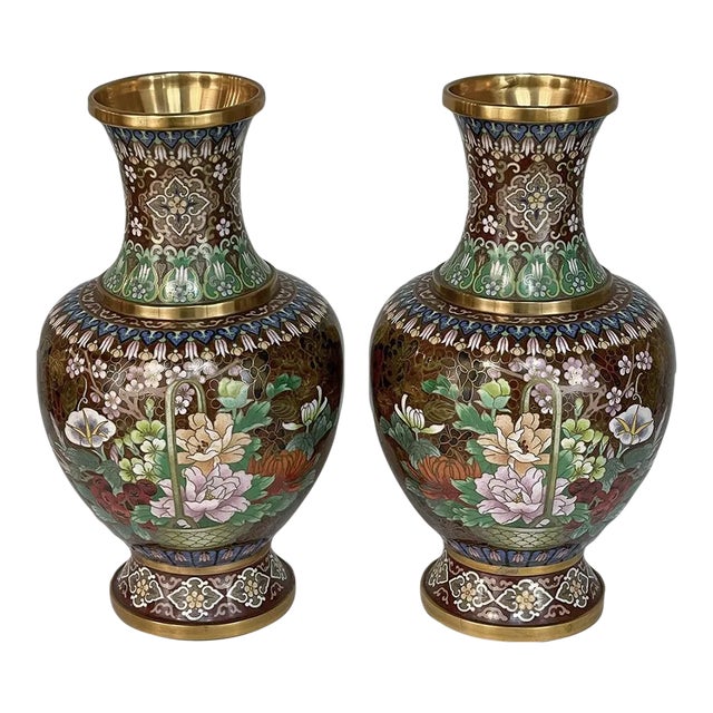 Pair Antique Cloissone Vases For Sale