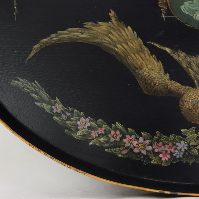 Vintage Hand Painted Tole Tray Black Lacquer With Classical Cameo Portrait and Golden Owl Motif For Sale - Image 15 of 18