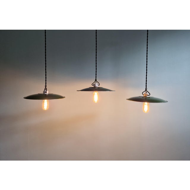 Vintage Industrial Pendant Lights in Green Enameled Sheet Metal and Porcelain, 1940s, Set of 3 For Sale - Image 18 of 18