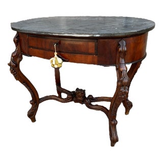 Oval Wooden Table with Marble Top and Drawer, 1890s For Sale