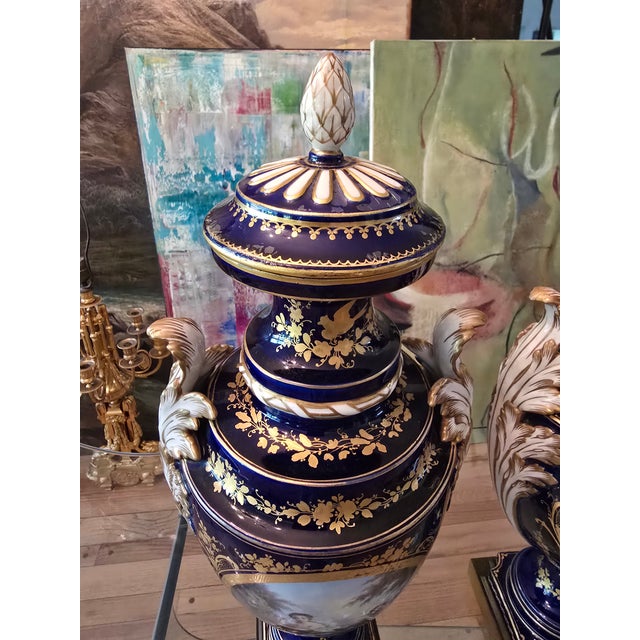 Antique Cobalt Blue Porcelain Pr Urns Attributed to Sevres For Sale - Image 4 of 17