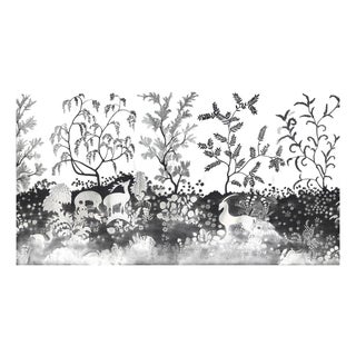 Silver‑Leaf Hand‑Painted Wall Panels, Set of 5, Woodland Wildlife Silhouette Mural For Sale