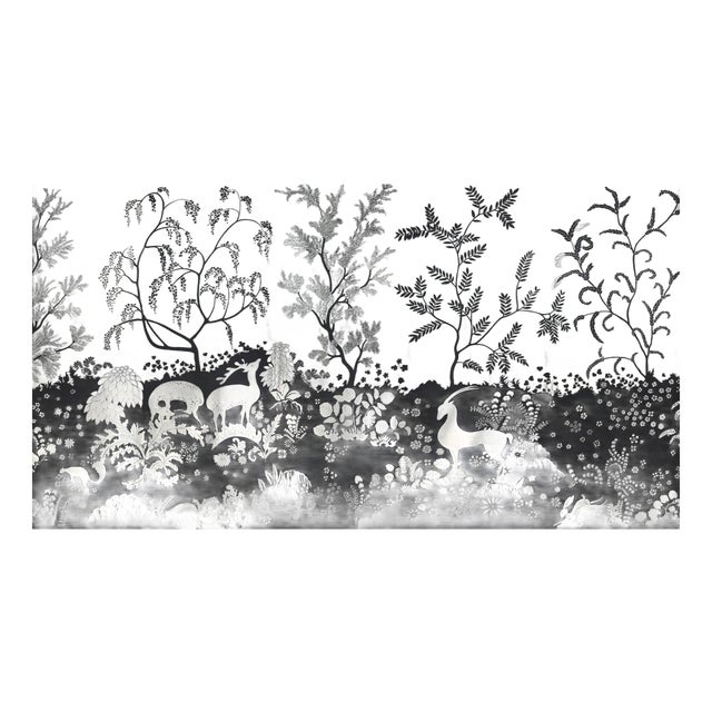 Silver‑Leaf Hand‑Painted Wall Panels, Set of 5, Woodland Wildlife Silhouette Mural For Sale