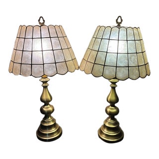 Vintage Brass Capiz Shell Lamp Set For Sale