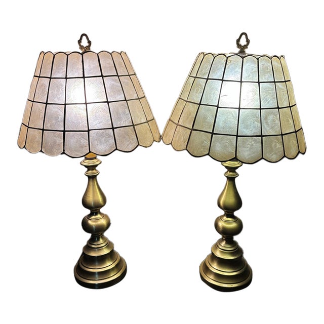 Vintage Brass Capiz Shell Lamp Set For Sale