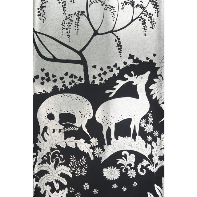 Chinoiserie Silver‑Leaf Hand‑Painted Wall Panels, Set of 5, Woodland Wildlife Silhouette Mural For Sale - Image 3 of 3