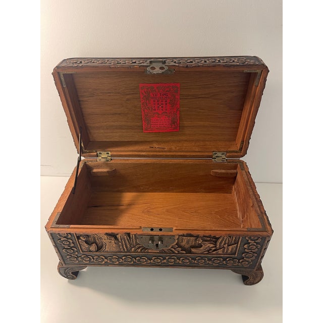 Burnt Umber 1950s Hand-Carved Solid Camphor Wood Footed Treasure Chest - Hong Kong Export For Sale - Image 8 of 11