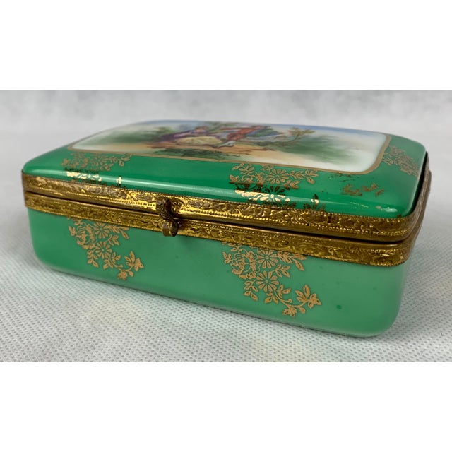French Vintage Apple Green Scenic Hard-Paste Porcelain Hinged Box With Gilt Frame For Sale - Image 3 of 9