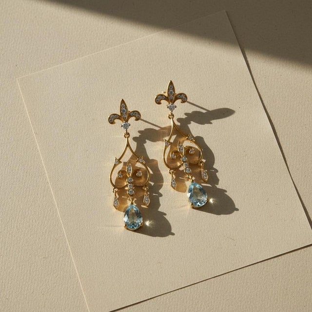 Not Yet Made - Made To Order Fleur De Lis Chandelier Earrings Studs With Topaz in Silver, Gold, A Pair For Sale - Image 5 of 10