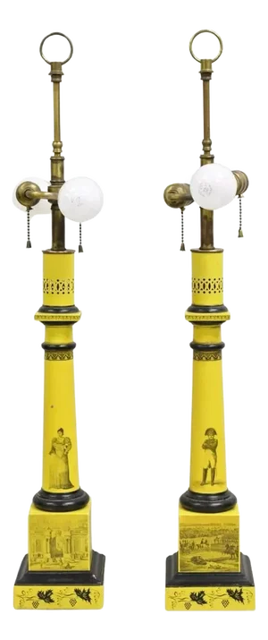 Antique Italian Regency Yellow Painted French Tole Metal Column Table Lamp Pair