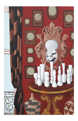 2020 "Obsessive Collector Still Life Red" Contemporary Realist Interior Painting by Scott Woodard