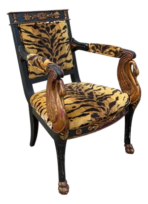 French Regency Style Ebonized Chair W/ Gilt Neo-Classical Swans & Tiger Velvet
