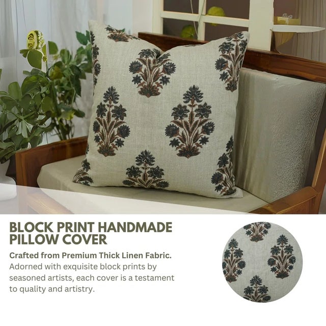 Not Yet Made - Made To Order Fabdivine Indoor Pillow Cover Hand Block Printed Thick Linen 16x16 Inch- Morpankh For Sale - Image 5 of 5