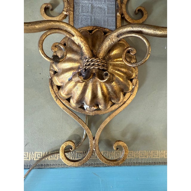 Early 20th Century Pair of Vintage Ornate Two Arm Golden Tone Gilt Metal Wall Sconces For Sale - Image 5 of 8