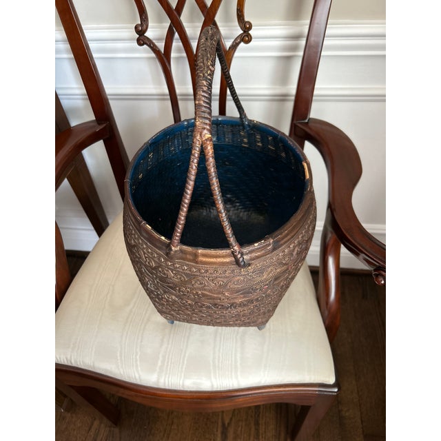 Paint Vintage Burmese Gilt Relief Lacquer Basket With Blue Interior For Sale - Image 7 of 8