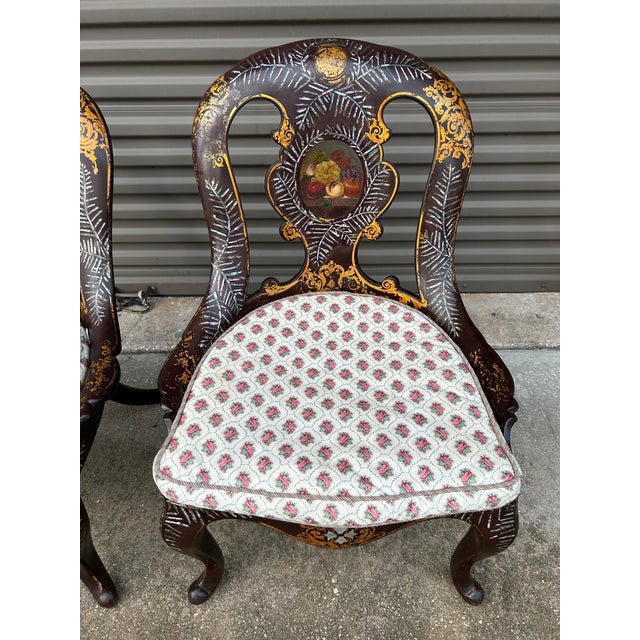 Pair of Mid Victorian Mother of Pearl Inlaid Papier Mâché Gilt Decor Set of Chairs For Sale In West Palm - Image 6 of 12