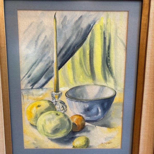 Wood 1980s Still Life Kitchen Watercolor Fruit, Candlestick Painting Framed For Sale - Image 7 of 12