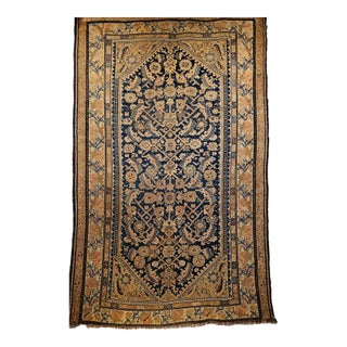 Antique Persian Malayer Area Rug, Hand-Knotted Wool, Geometric Pattern, 4x7, Navy & Ivory For Sale