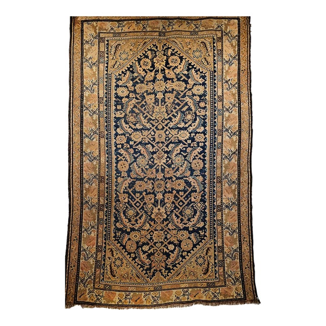 Antique Persian Malayer Area Rug, Hand-Knotted Wool, Geometric Pattern, 4x7, Navy & Ivory For Sale