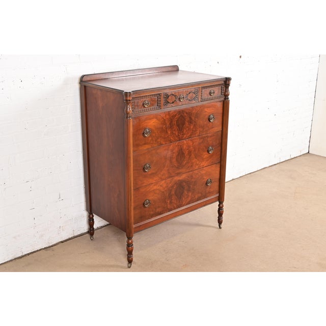 Berkey & Gay Berkey & Gay Style Antique French Regency Louis XVI Carved Burled Walnut Highboy Dresser, Circa 1920s For Sale - Image 4 of 15