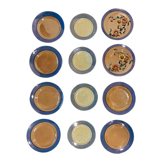 1920’s Chinoiserie Peach and Blue Lusterware Plates-Set of 12 For Sale