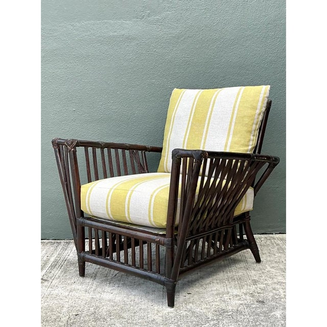 Mid-Century Modern Vintage Stick Rattan Rattan Lounge Chair in Ralph Lauren Cabana Stripe For Sale - Image 3 of 12