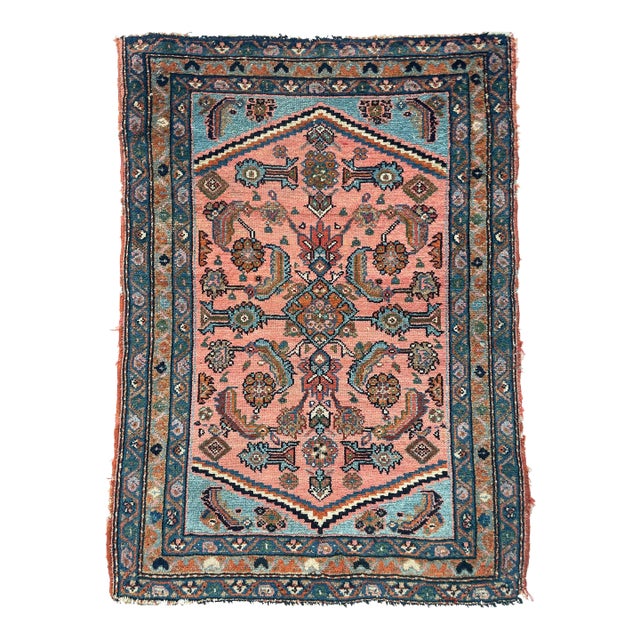 Antique Hamadan Rug in Coral Pink & Sky Blue 2 7 X 3 4 For Sale