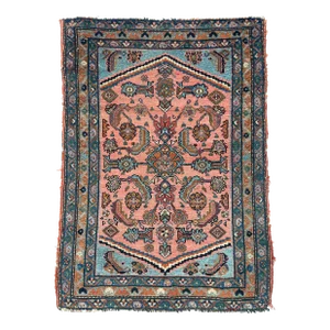 Antique Hamadan Rug in Coral Pink & Sky Blue 2 7 X 3 4