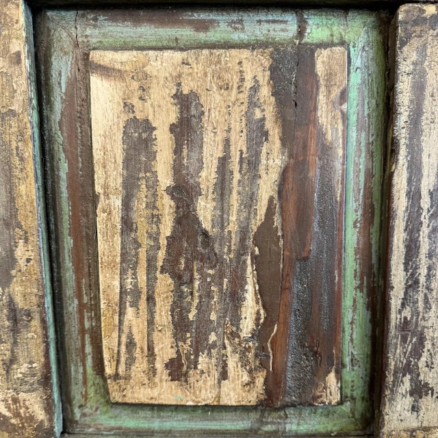 1970s Vintage Indian Haveli Teak Wood Shutter | Distressed Wall Art Panel | Rustic Farmhouse Decor | Reclaimed Wooden Window Frame Wall Hanging For Sale - Image 5 of 6