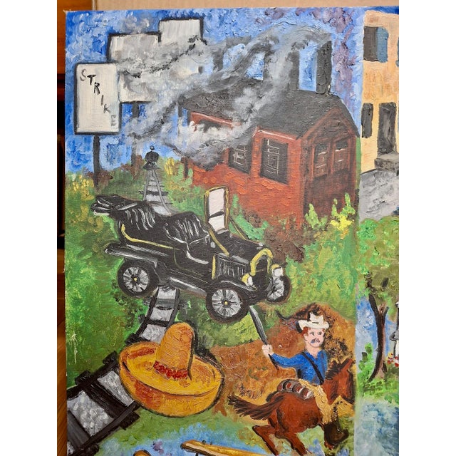 Here’s a man’s life in three volumes. In paint. On one canvas. And what a life! On the left, Volume 1, the labor movement...