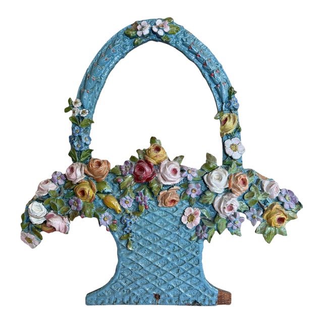 Victorian Carved Painted Wooden Basket & Flowers For Sale