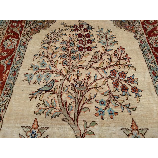 Vintage Turkish Silk Kayseri Rug, Handwoven Tree of Life Design, Ivory & Red, 3' x 5' For Sale - Image 4 of 10