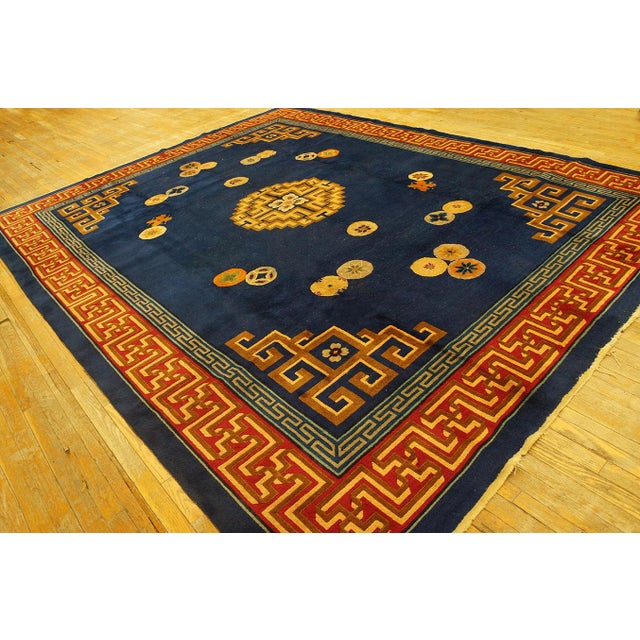 1920s Navy Blue Medallion Greek Key Antique Chinese Art Deco Knotted Rug For Sale - Image 4 of 9