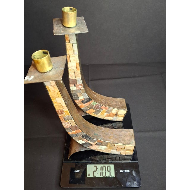 Vintage Mid-Century Eilon Mosaics Hand-Hammered Copper & Holy Land Stone Shofar Candlesticks For Sale - Image 14 of 15