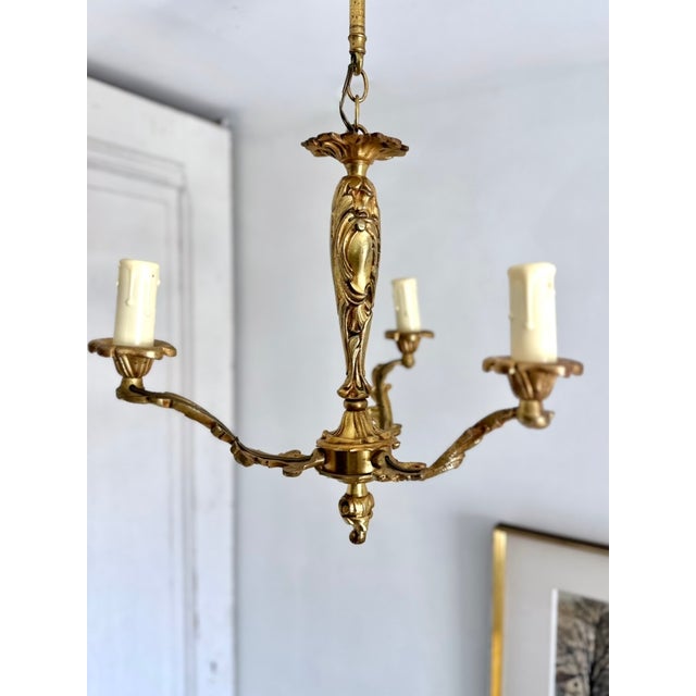 Gold Louis XV Cast Brass Three-Light Chandelier, France, 1940s For Sale - Image 8 of 16