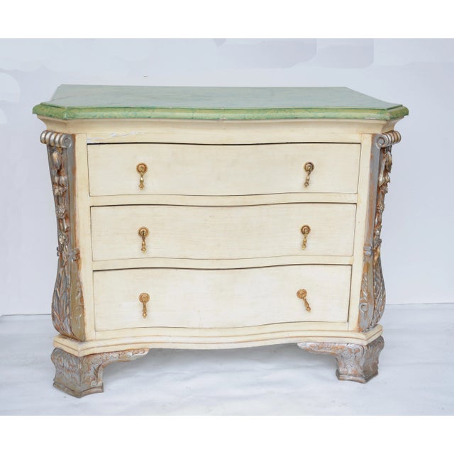 Asparagus 1980s Vintage British Hand-Painted Faux Marble Top & Three-Drawer Cabinet With Hand-Carved Border For Sale - Image 8 of 8