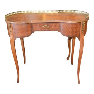 1950s Curved Kidney Shaped Inlaid Vanity with Single Drawer Brass Florals & Gallery Edge For Sale