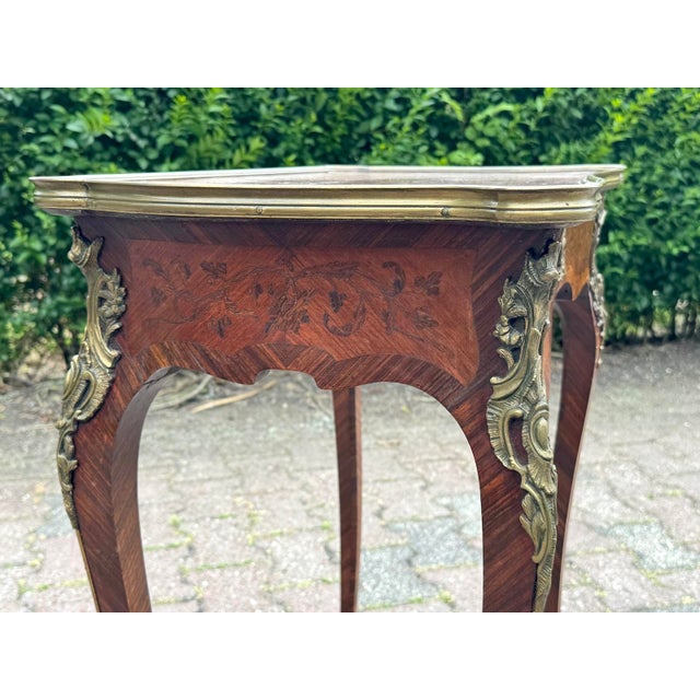 1860 French Artisan Louis XV Brown Marquetry Center Table-1 Pc For Sale - Image 6 of 17