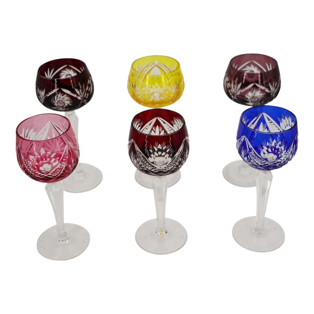 1900s Set of Six Colored Bohemia Crystal Wine Glasses For Sale