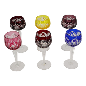 1900s Set of Six Colored Bohemia Crystal Wine Glasses