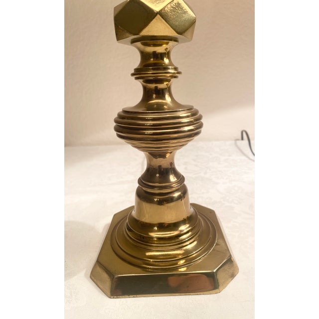 Metal Mid 20th Century Solid Brass Uniquely Intricate Candlestick Style Pair of Lamps For Sale - Image 7 of 12