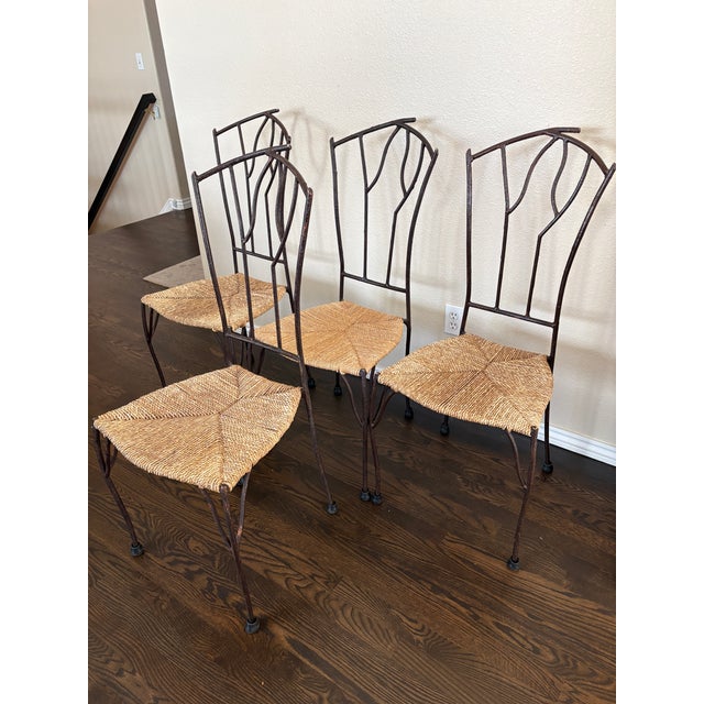 Set of Four Vintage Faux Bois Twig Iron Chairs With Woven Seats For Sale - Image 6 of 6