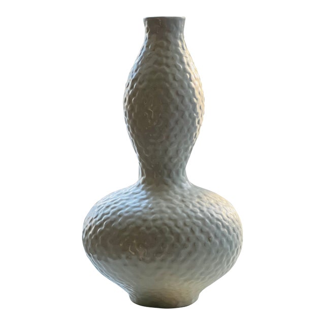 Vintage Jonathan Adler Double Gourd Vase, Ivory Flower Appliqué, Peru 1990s *Rare* For Sale