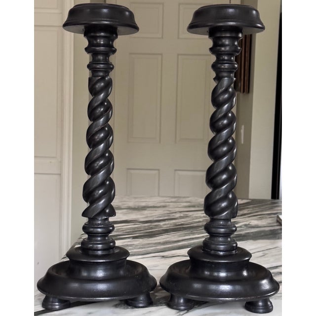 Vintage Carved Jacobean Barley Twist Large Scale Candle Holders - A Pair For Sale - Image 4 of 17