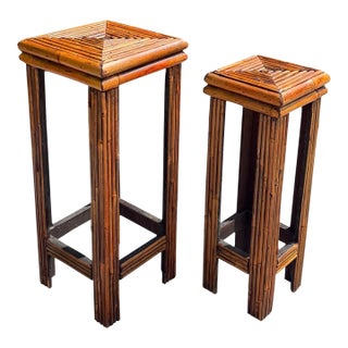 Vintage Graduated Bamboo & Rattan Pedestal Plant Stands, Pair For Sale