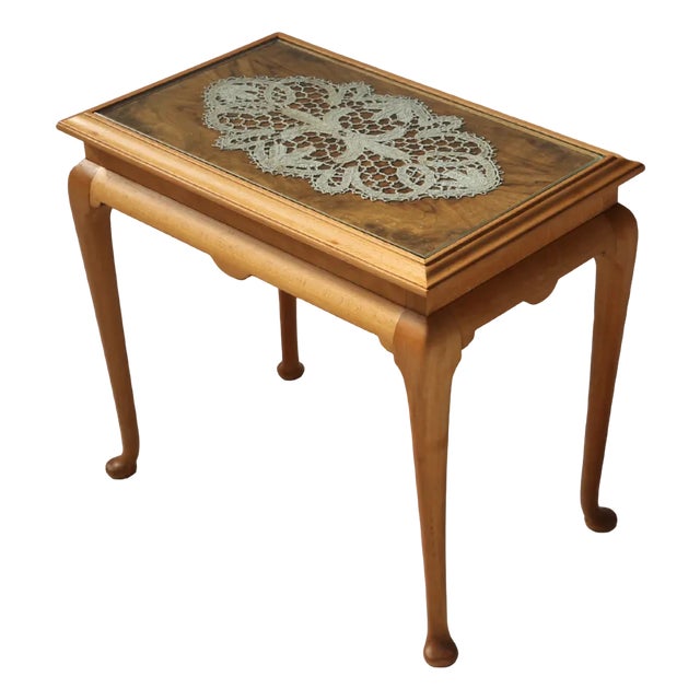 French Side Table in Beech with Lace Inlay and Glass Top, 1950s For Sale